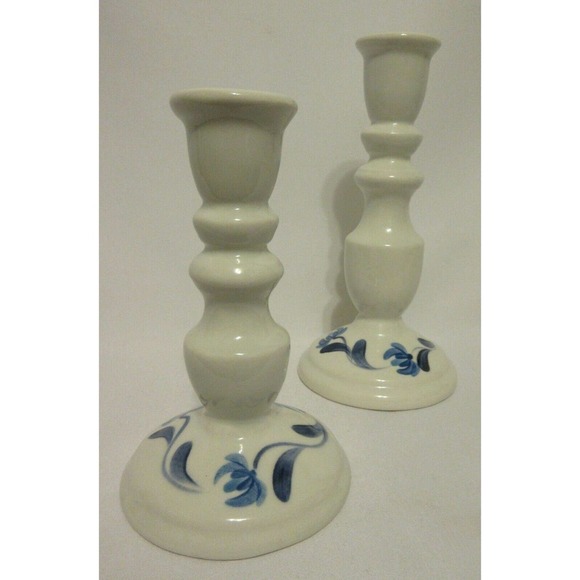 N S Gustin Co White Porcelain Blue Hand Painted Decorated Candle Holder Set of 2 - Picture 7 of 8